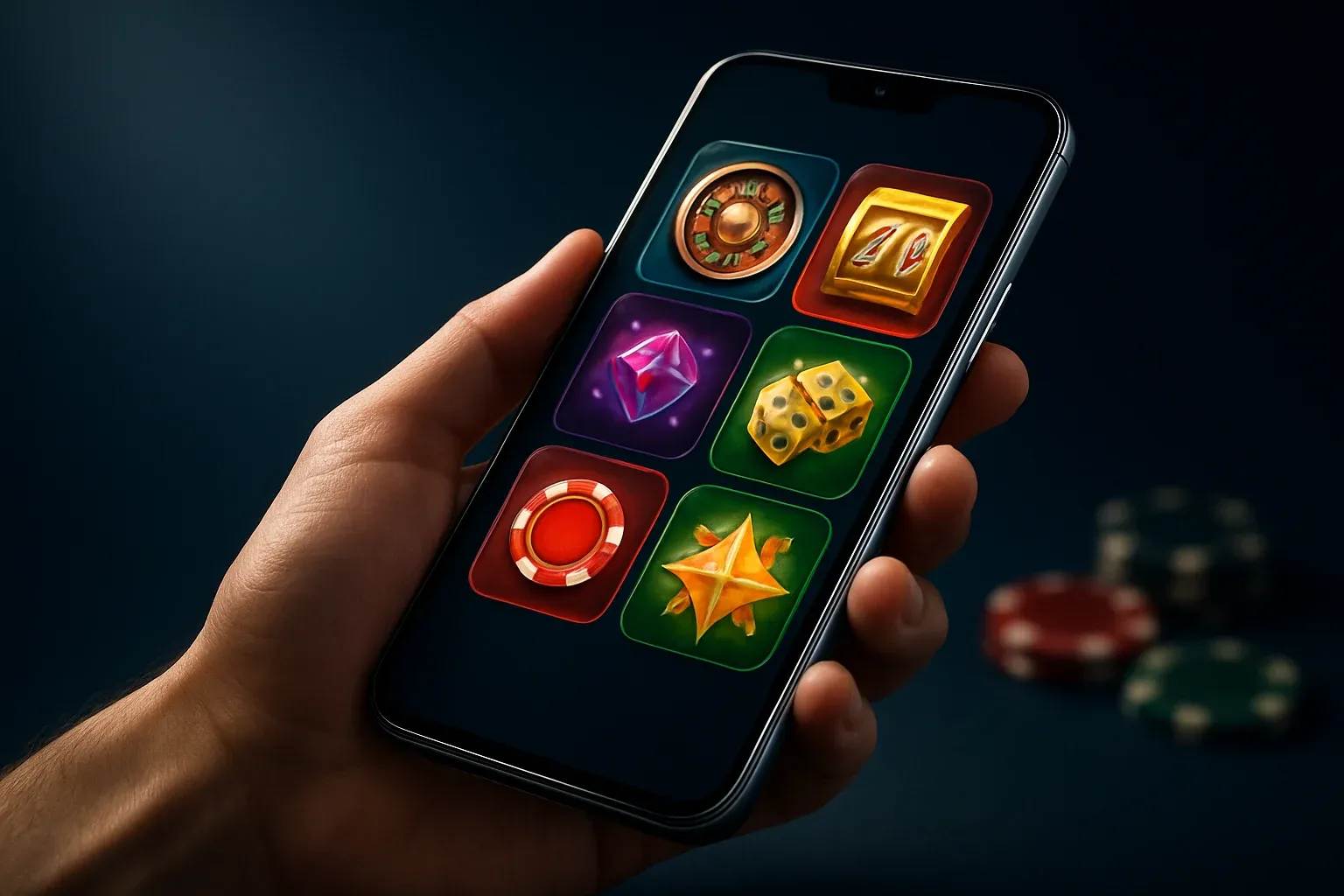 Flagship Android smartphone showing vivid casino app interface in dramatic studio lighting
