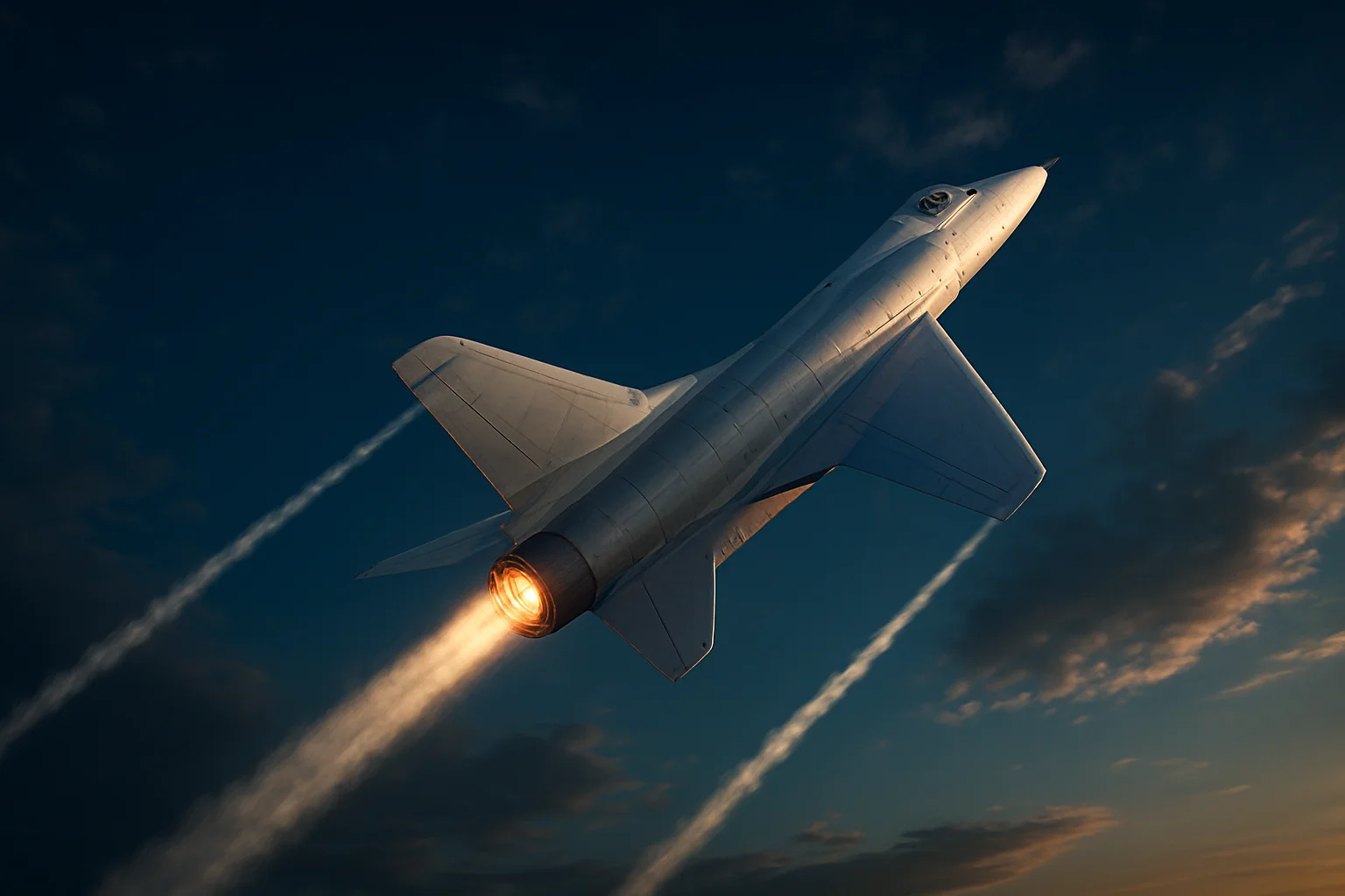 Hyperrealistic white jet climbing steeply in deep blue sky with contrails