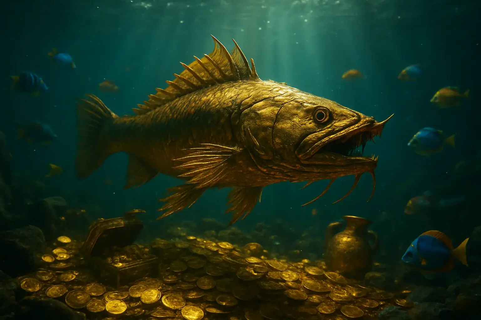 Hyperrealistic underwater golden dragon fish surrounded by glowing coins and treasure