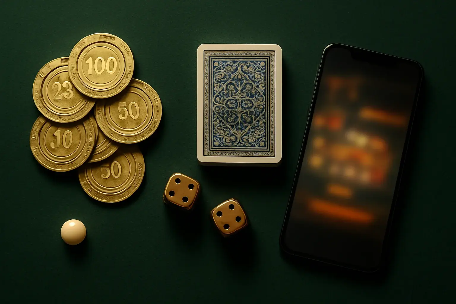 Top-down casino table with golden chips, cards, dice, roulette ball, smartphone