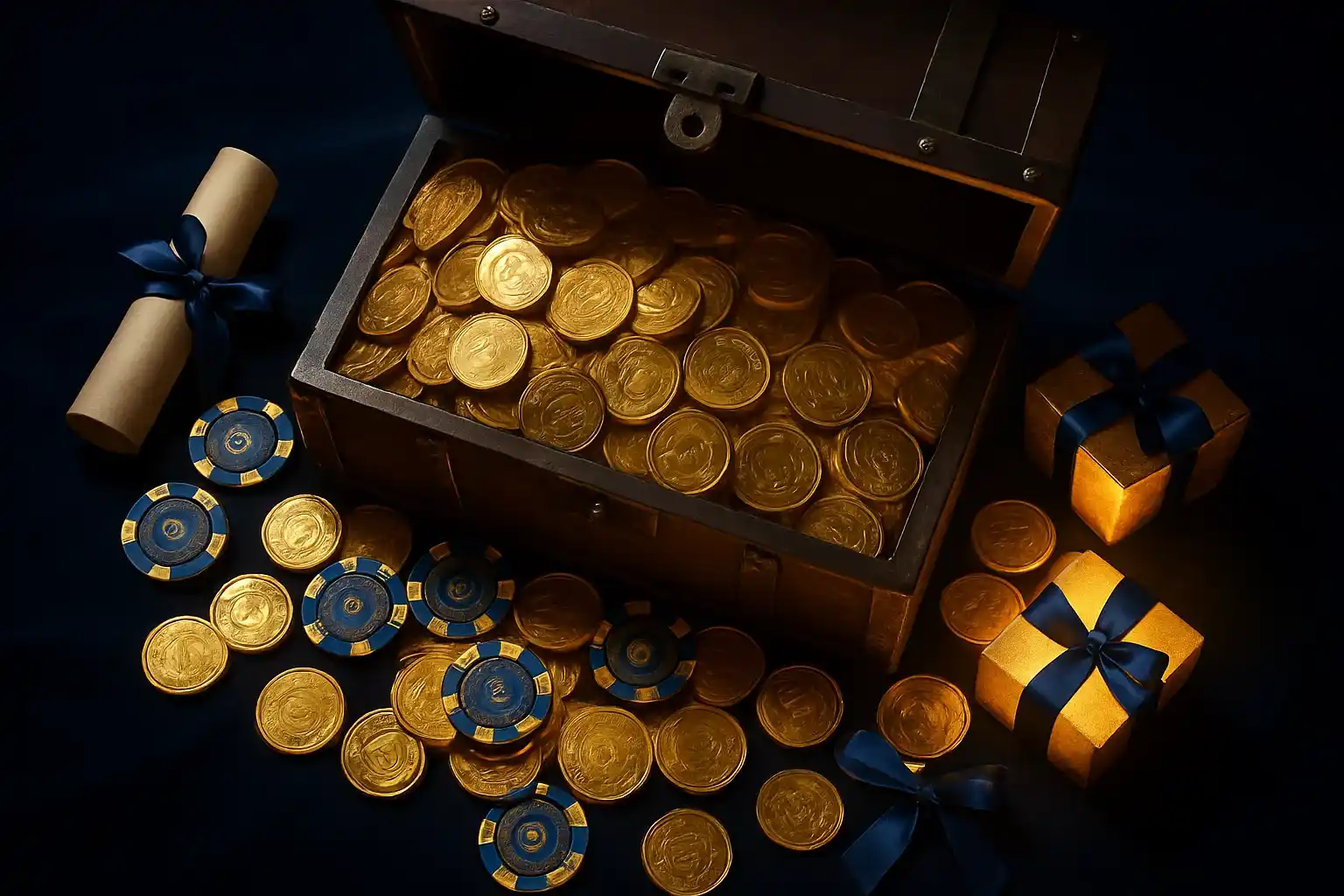 Overflowing treasure chest with gold coins, casino chips, vouchers, glowing gift boxes