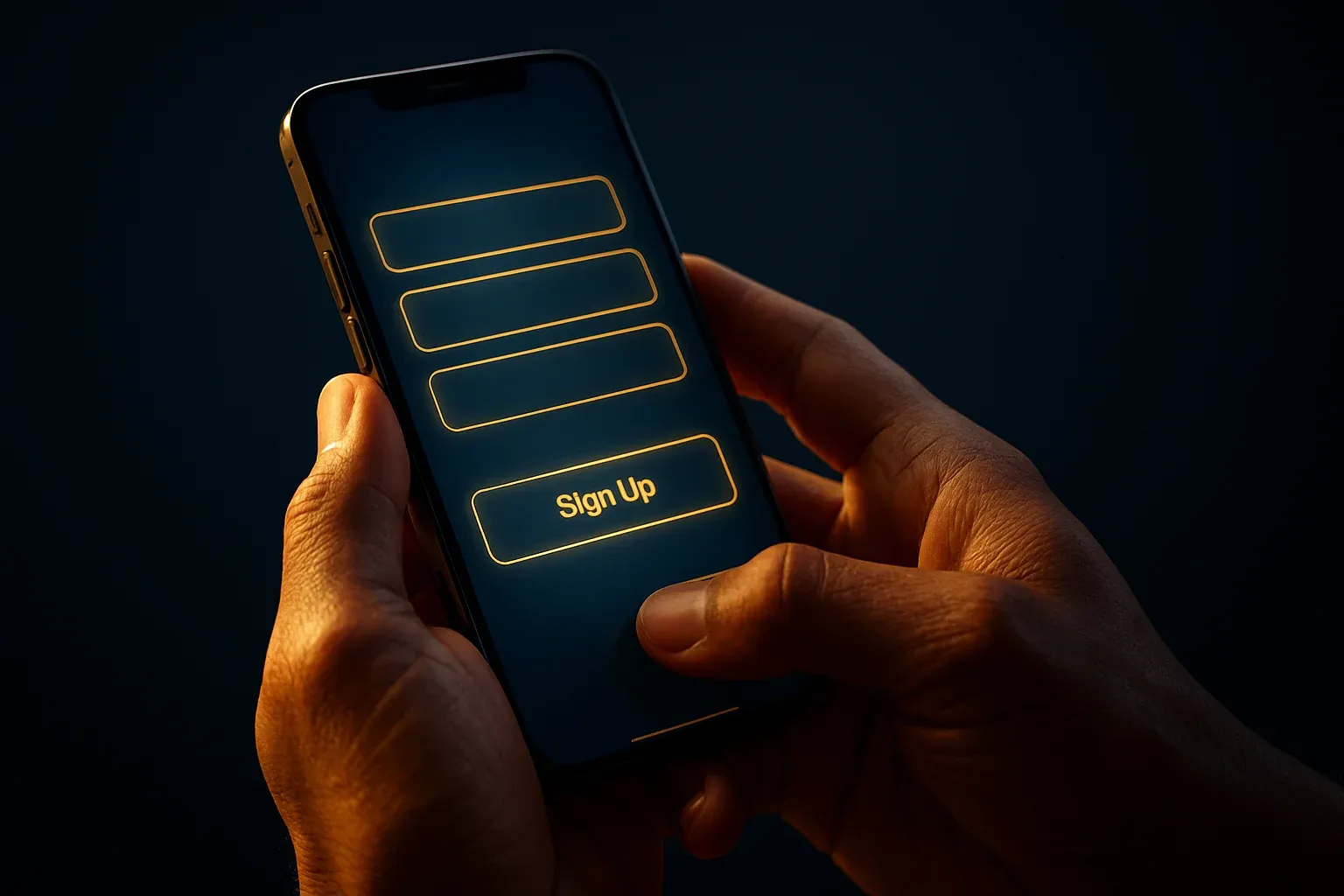 Filipino man hands holding smartphone with blurred registration screen, blue gold glow