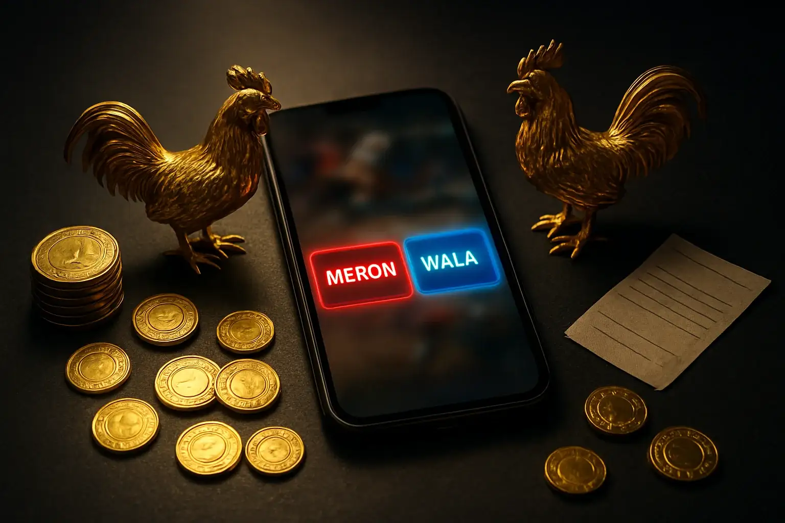 Smartphone with blurred sabong betting interface, golden roosters, peso coins and chips