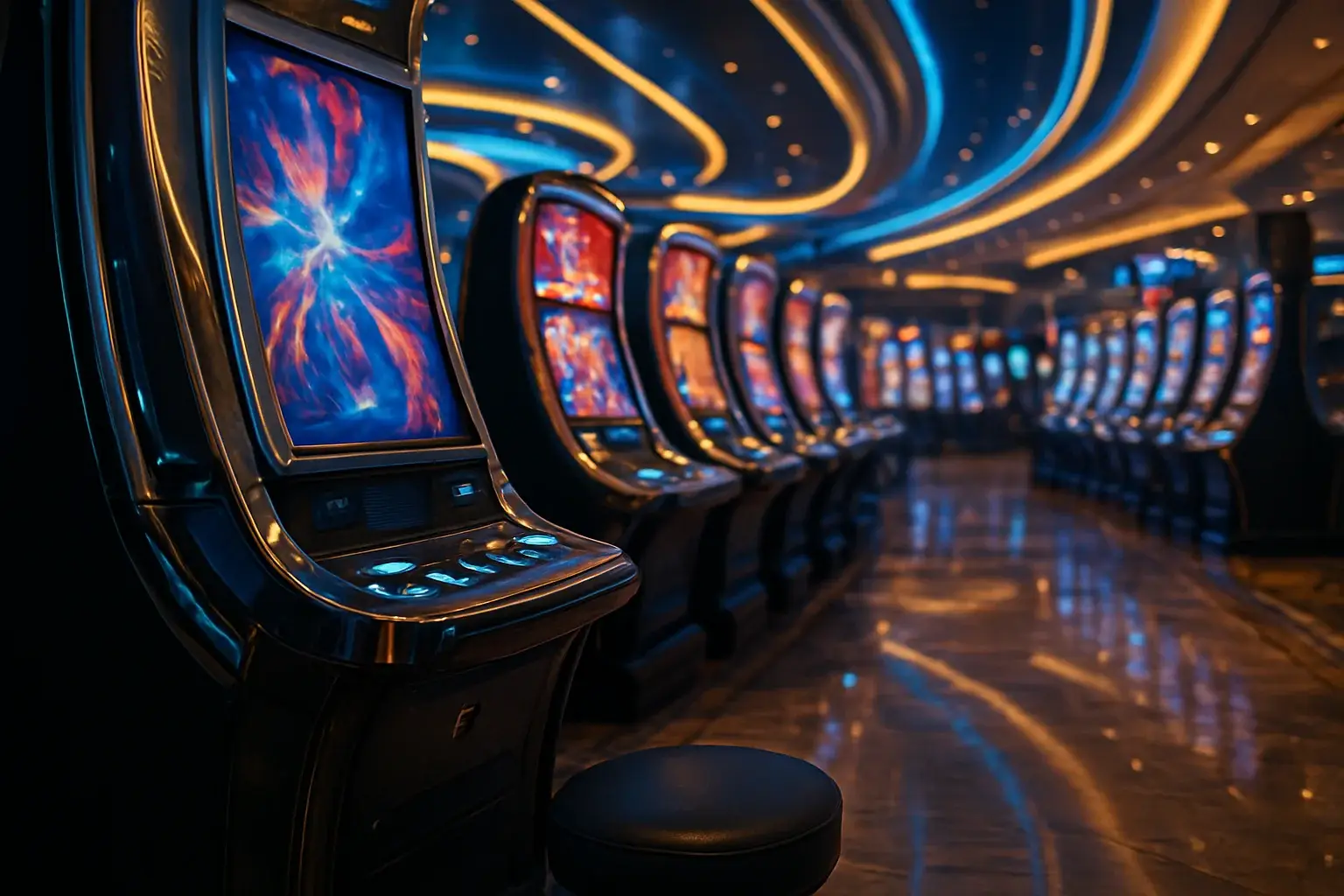 Hyperrealistic wide shot of Manila casino slots floor with blue gold lighting