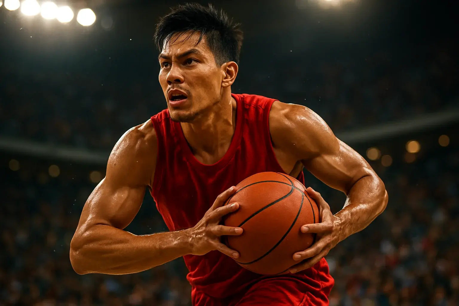 Filipino PBA player mid-air power drive, ball to chest, arena lights